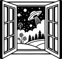 Window View of a UFO Under a Starry Sky with Plants and Trees for Creative Design Projects vector