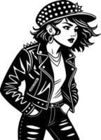 Stylish Female Character with Spiked Leather Jacket and Polka Dot Cap Perfect for Tattoos and Graphics vector