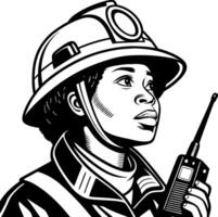 Determined Female Miner Wearing Safety Gear Communicating with Radio in Industrial Setting vector