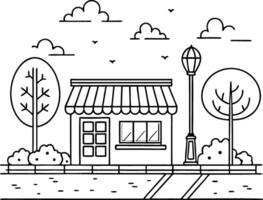 Charming Street Scene Illustrating Cozy House with Trees Pathway and Lamp Post vector