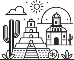 Ancient Pyramid Desert Landscape with Cactus Sun and Clouds for Travel and Adventure Theme vector