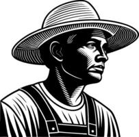 Lone Farmer Portrait with Straw Hat in Classic Black and White Graphic Style for Rustic Themes vector
