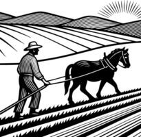 Farmer Plowing Fields with Horse in Scenic Landscape at Sunrise for Farming Themes vector