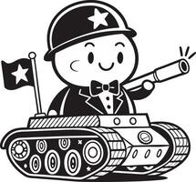 Charming Cartoon Soldier in Tuxedo Riding a Tank for Fun Illustrations and Design Projects vector