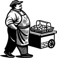 Vintage Fruit Vendor Illustration with Cart and Basket for Retro Design and Print Projects vector