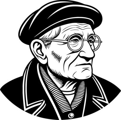 Elderly Man Portrait with Glasses and Beret in Classic Style for Tattoo and Coloring Projects