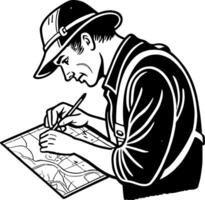 Detailed Illustration of a Surveyor Drawing a Map with Pencil Representing Cartography Skills vector