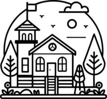 Charming Schoolhouse Illustration Surrounded by Trees and Nature Ideal for Coloring Books and Designs vector