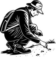 Nature Enthusiast Examining Animal Tracks in Trail for Wildlife Observation and Exploration vector
