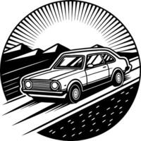 Classic Car Driving Through Mountains in Retro Style for Automotive Enthusiasts and Design vector