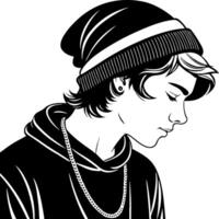 Stylish Young Man Profile Illustration with Beanie and Chain for Tattoo and Graphic Design vector