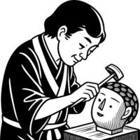 Craftsman Carving Buddha Head with Hammer and Chisel Traditional Japanese Art Representation vector