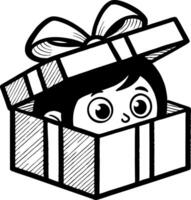 Cute Child Peeking from Gift Box with Bow Ideal for Coloring Books and Creative Designs vector