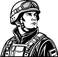 Detailed Illustration of a Soldier in Tactical Gear with a Determined Expression vector