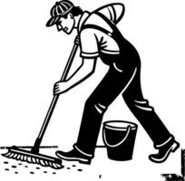 Worker Sweeping Floor with Broom and Bucket in Classic Vintage Style Black and White Illustration vector