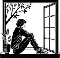 Contemplative Man Sitting by Window with Leafy Plant in Black and White Illustration vector