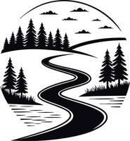 Scenic Mountain Landscape with Curved Road and Pine Trees Silhouette Design vector