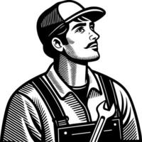 Vintage Mechanic Portrait with Wrench in Cap and Overalls for Classic Car and Tool Design vector