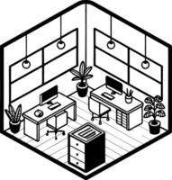 Modern Office Workspace Design with Desks Computers Plants and Storage Solution vector