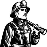 Brave Miner Portrait with Helmet and Flashlight Standing Strong in Black and White Illustration vector