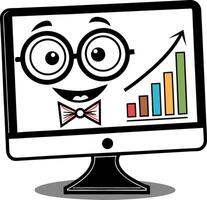 Cheerful Computer Screen Character with Glasses and Growing Bar Graph for Educational Purposes vector