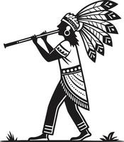 Native American Flute Player in Traditional Attire with Feathered Headpiece Silhouette vector