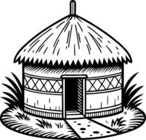 Traditional Thatched Hut with Unique Design Surrounded by Lush Grass and Pathway vector