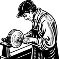 Craftsman Working on Wood Lathe in Vintage Style for DIY Projects and Woodworking Enthusiasts vector