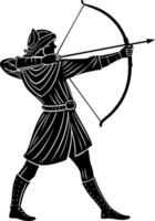 Silhouette of an Archer in Historic Attire with Bow and Arrow Ready to Shoot vector