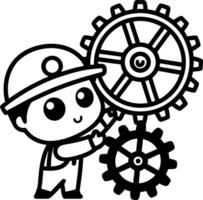 Cute Cartoon Mechanic Character Working with Large Gears for Educational and Creative Projects vector