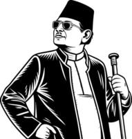 Stylish Man in Traditional Attire with Sunglasses and Cane for Fashion Graphics and Design vector