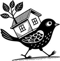 Whimsical Bird Carrying House with Tree Design for Creative Projects and Tattoo Inspiration vector