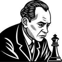 Serious Chess Player Deep in Thought Contemplating Strategy with King Piece vector