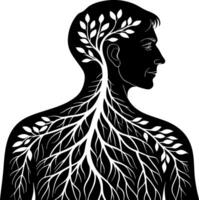 Silhouette of a Human Profile with Intricate Tree Roots and Leaves Symbolizing Growth and Connection vector