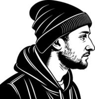 Stylized Profile Illustration of a Man in Beanie and Hooded Sweatshirt for Graphic Design Projects vector