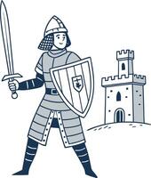 Knight with Shield and Sword Standing Near Castle Illustration for Designs vector