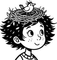 Cheerful Child with Nest and Bird on Head for Coloring Book and Childrens Art Projects vector