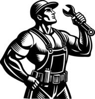 Strong Mechanic Holding Adjustable Wrench in Work Uniform Emphasizing Strength and Determination vector