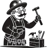 Vintage Craftsman Holding Hammer and Tools in Toolbox for DIY Projects and Home Improvement vector