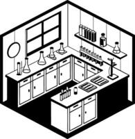 Isometric Laboratory Scene with Beakers Flasks and Shelves for Science Education vector