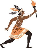 Dynamic Warrior Holding Flame in Traditional Costume with Feathers and Tribal Patterns vector