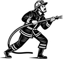 Dynamic Firefighter Silhouette Drawing with Hose for Emergency Service and Safety Designs vector