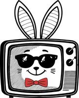 Cool Cartoon Bunny in Sunglasses Inside Retro Television for Fun Designs and Colorful Art vector
