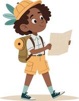Adventurous Child Explorer Holding Map with Backpack and Summer Outfit in Nature vector