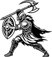 guerrero con proteger y lanza en acción dinámica medieval estilo ilustración para tatuaje diseño vector