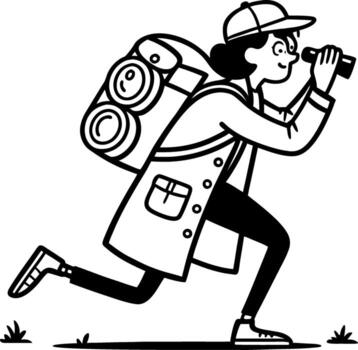 Adventurous Hiker Exploring Nature Carrying Backpack and Using Binoculars in Motion vector