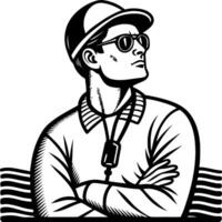 Confident Male Coach with Sunglasses and Cap in Stylized Vintage Illustration vector