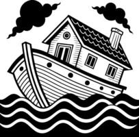 Whimsical Houseboat Sailing on Waves with Clouds for Creative Design Projects vector