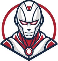 Futuristic Robot Hero with Metallic Armor and Red Accents Ideal for Branding and Merchandise vector