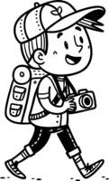 Happy Child Adventurer with Camera and Backpack Exploring Nature vector